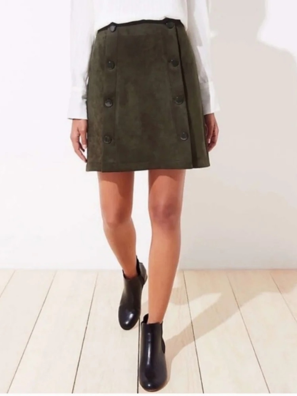 LOFT Olive Suede Double-Button A-Line Mini Skirt